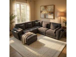 Canapé d'angle modulable 6 places en tissu chenille gris avec ports usb et type c porte-gobelets et rangement 7 coussins inclus