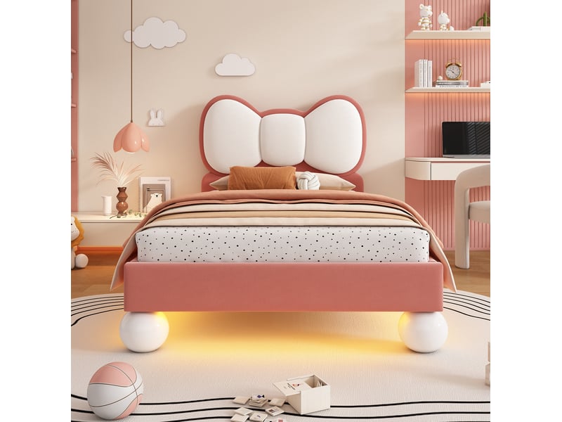  Lit enfant rembourré 90 x 200 cm avec led réglable, sommier à lattes, beige rose  - Conforama E