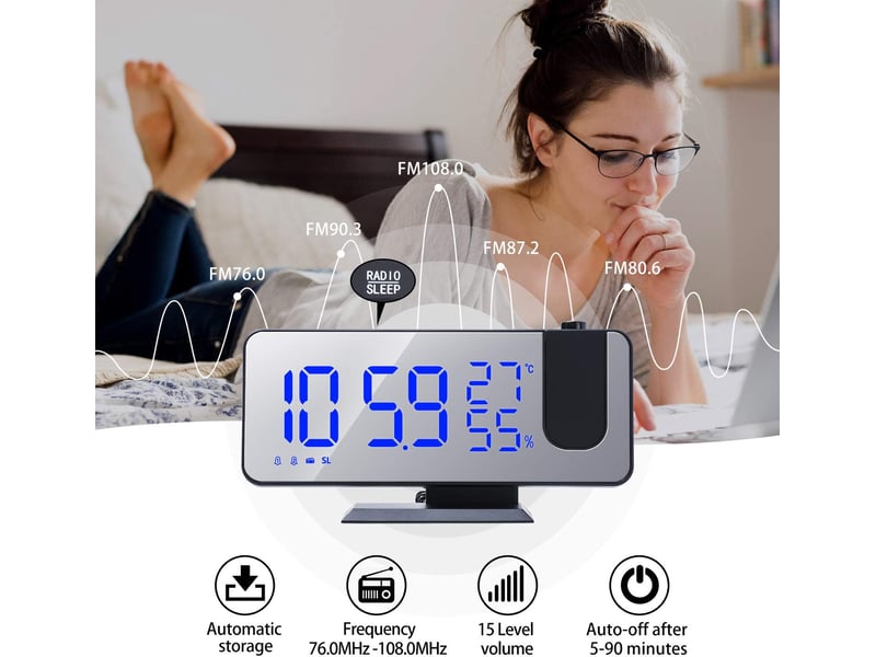  Radio-réveil à projection radio-réveil numérique 4 gradateurs et rotatif à 180 ° et 2 sons 7.4 '' grand écran miroir noir-bleu  - Conforama B