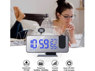 Radio-réveil à projection radio-réveil numérique 4 gradateurs et rotatif à 180 ° et 2 sons 7.4 '' grand écran miroir noir-bleu