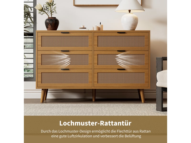  Commode noyer, 120 × 40 × 76,5 cm, panneau de particules, avec 6 tiroirs, façades effet rotin, pieds en métal, rangement quotidien  - Conforama D