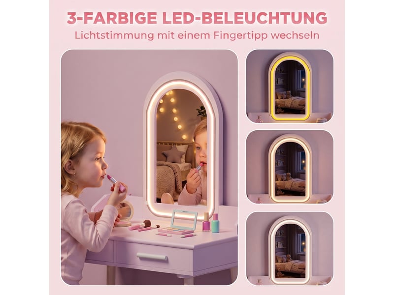 Coiffeuse enfant avec miroir led et 2 tiroirs en pin et mdf rose 60 x 36 x 100 cm  - Conforama D