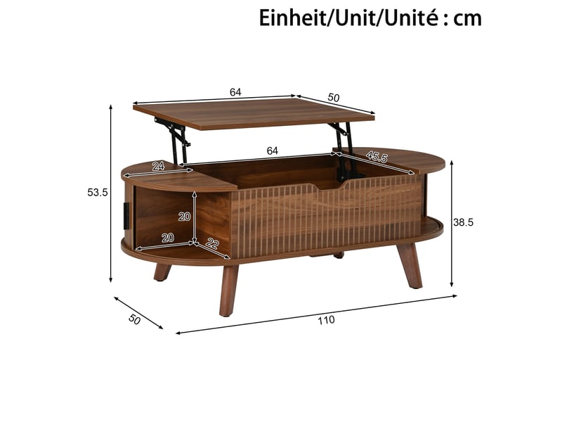Table basse ovale relevable, plateau réglable en hauteur, grand rangement caché, 2 portes coulissantes, effet bois rainuré ABC - Conforama C