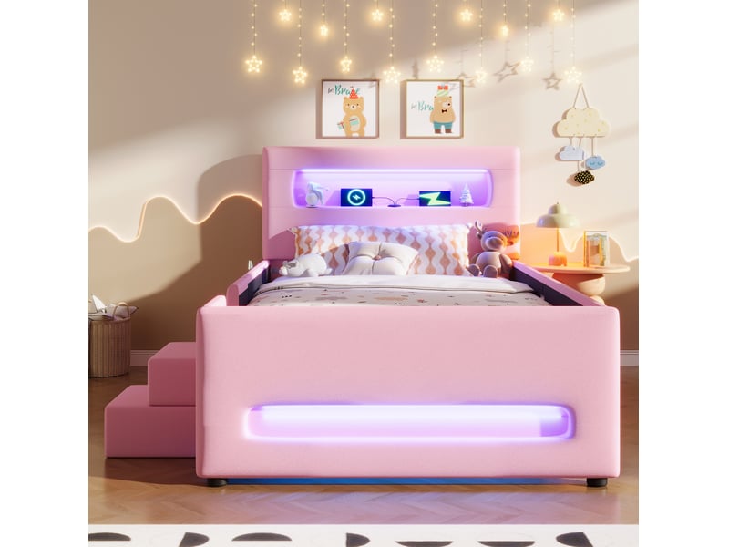  Lit enfant 90x200cm, escaliers, tiroirs, bandeaux led et espace de rangement, design confort, mdf, pu rose sans matelas  - Conforama B