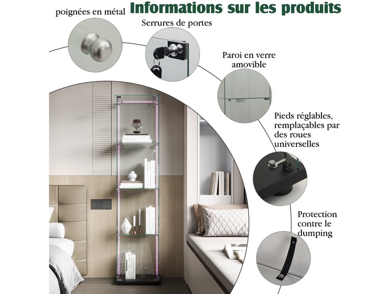  Vitrine en verre 4 niveaux simple porte - 39,8 x 35 x 163 cm - noir - armoire d'exposition avec ruban led et base noire  - Conforama D