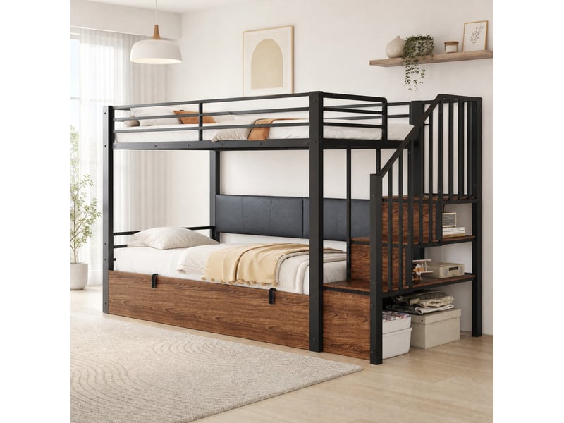 Lit superposé 90x200 cm avec rangement hydraulique et escalier, noir  - Conforama C