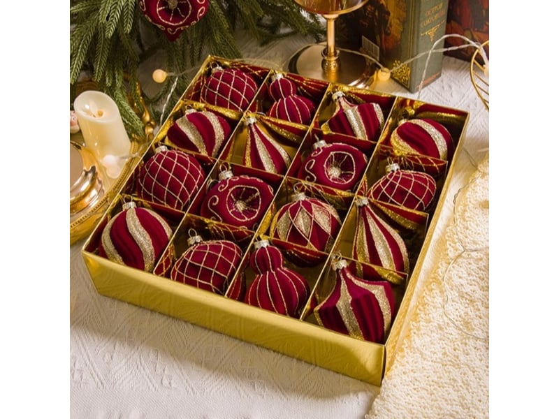  Lot de 16 boules de noël velours bordeaux, 8cm – paillettes dorées, décoration pour sapin et fêtes  - Conforama E