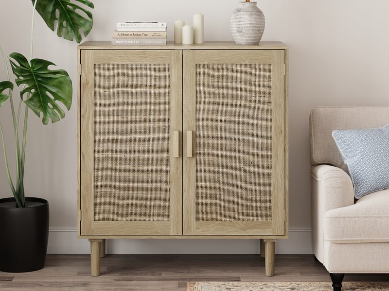  Armoire de rangement en rotin à deux portes de 80 cm, idéale pour le salon, la salle à manger ou l'entrée, marron  - Conforama B