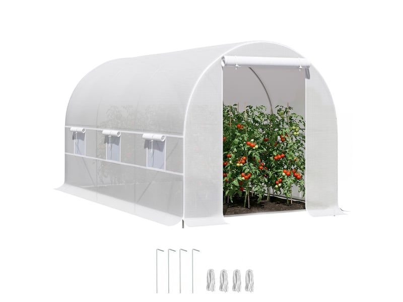  Serre tunnel 400 x 200 x 200 cm, serre de jardin avec porte enroulable et 6 fenêtres, polyéthylène 140 gm², blanc anti-uv  - Conforama A
