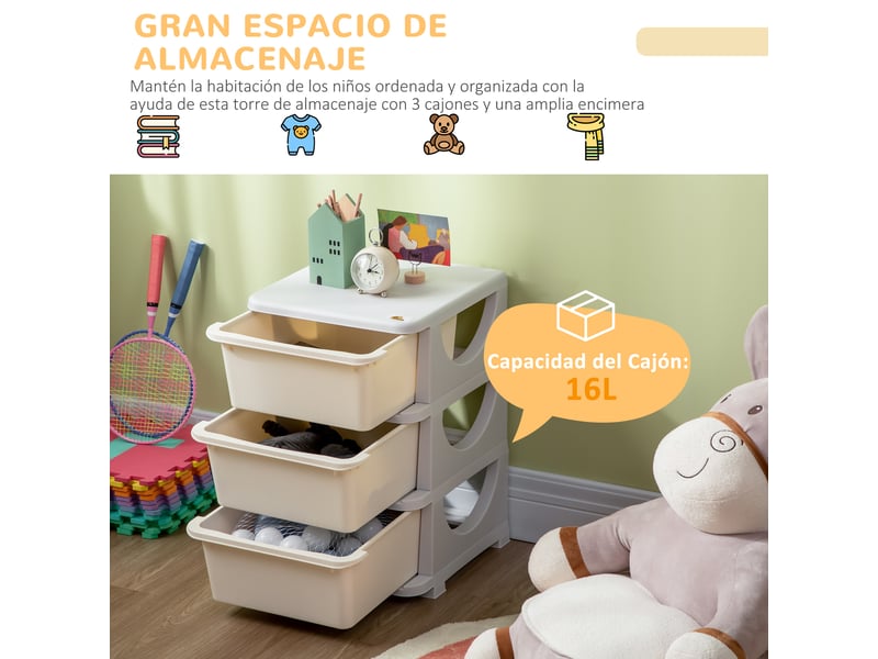  Organiseur de tiroir en plastique pour enfants, 3 tiroirs avec poignées, pour jouets, vêtements, livres, 37 x 37 x 56,5 cm, beige  - Conforama E