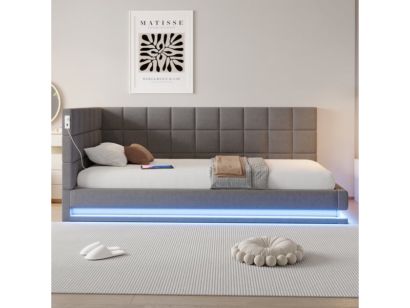  Lit banquette enfant 90 x 200 cm avec led, usb et sommier à lattes, lin, gris Fay Lum - Conforama E