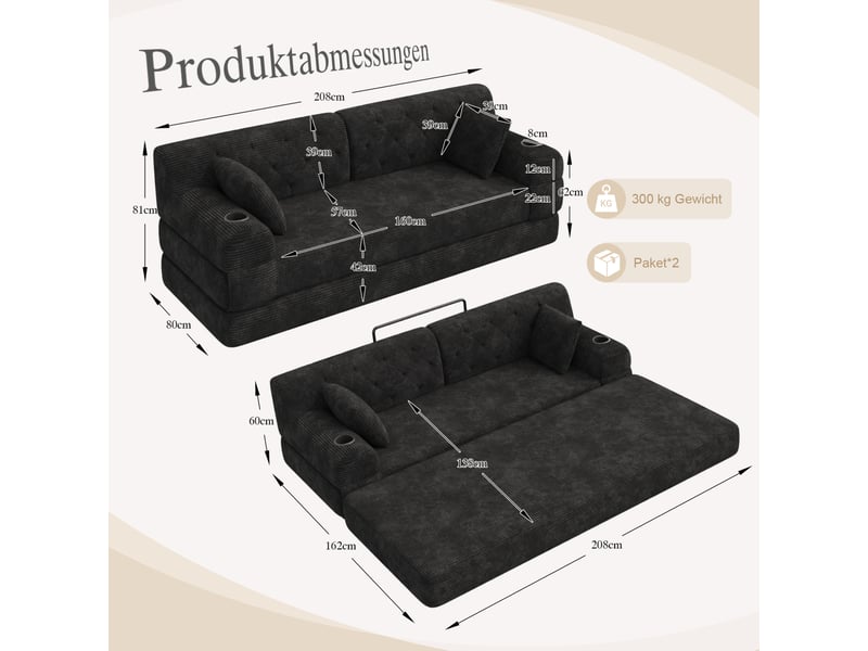  Canapé-lit 3 places modenvie convertible en velours côtelé noir, dossier haut, 4 poches, 2 porte-gobelets, 208 x 80 x 81 cm  - Conforama C