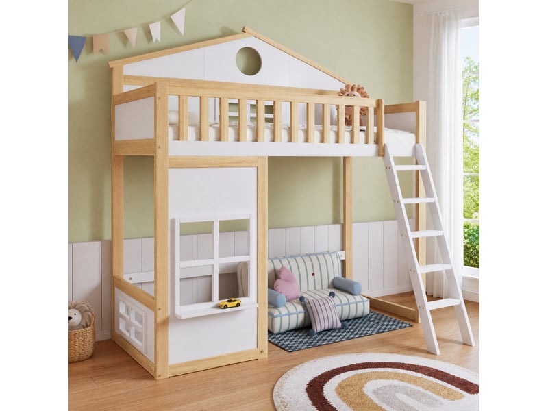 Lit superposé cabane enfant 90x200 cm avec garde-corps en pin et mdf blanc et naturel - Conforama C