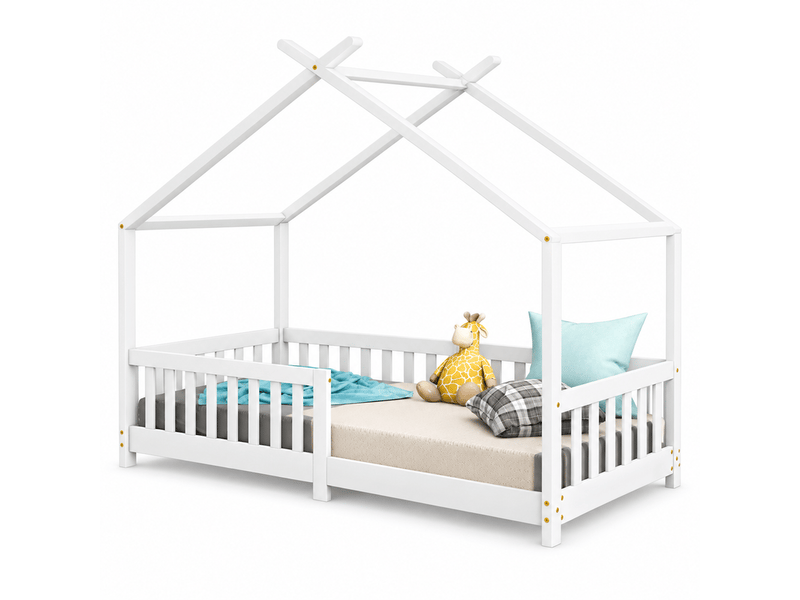  Lit cabane enfant 90x200 cm – avec barrière de sécurité – avec sommier à lattes – blanc (matelas non inclus)  - Conforama A