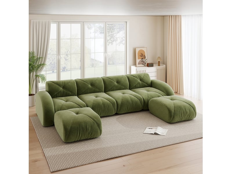  Canapé modulable en u 4 places vert en tissu, avec 2 poufs, sans cadre et sans montage pour le salon  - Conforama B