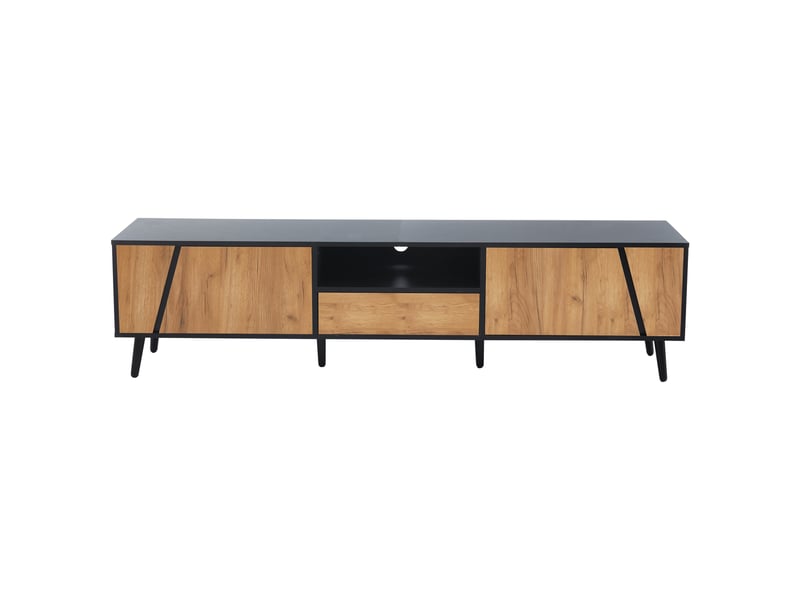  Meuble tv 180 cm noir et bois, meuble tv pour téléviseur 75 pouces avec 2 placards, tiroir et étagère ouverte  - Conforama A
