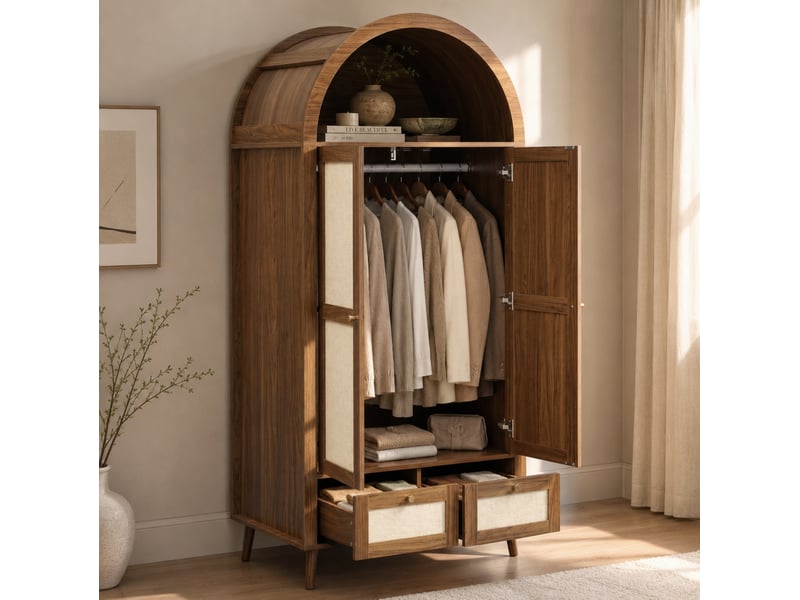  Armoire 2 portes et 2 tiroirs avec tringle et niche ouverte, design arqué, noyer et beige, 80 × 55 × 180 cm  - Conforama C