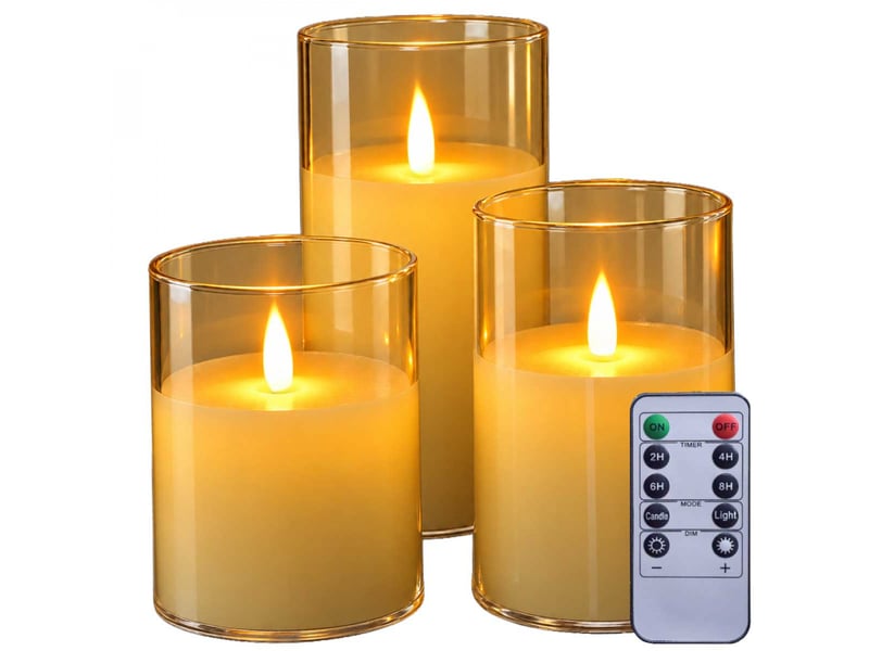 Lot de 3 bougies à led, flamme vacillante, luminosité réglable - minuterie 2, 4, 6, 8h - doré - Conforama A