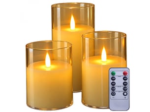 Lot de 3 bougies à led, flamme vacillante, luminosité réglable - minuterie 2, 4, 6, 8h - doré