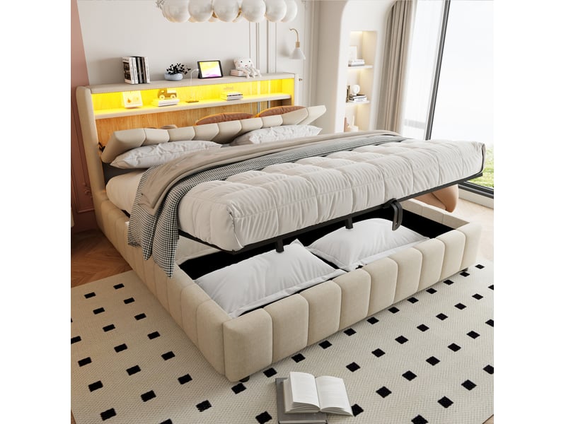  Lit coffre 180 × 200 cm 2 places avec rangement, led, usb et usb-c, sans matelas, tissu beige  - Conforama C