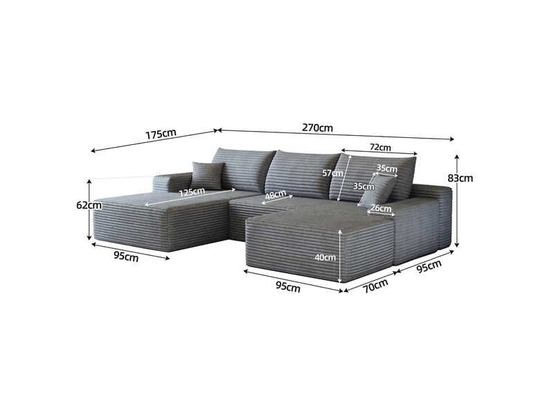  Canapé modulaire 270x175x83 cm, 4 places, avec chaise longue en l, gris  - Conforama E