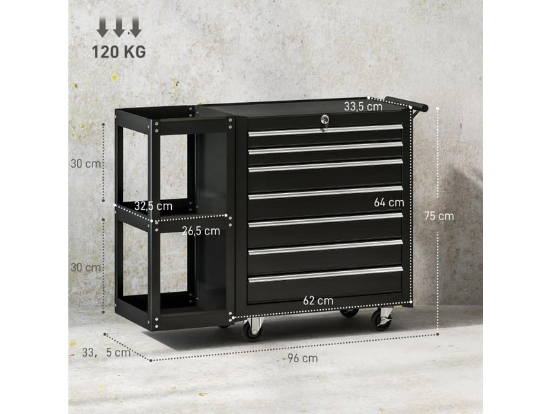  Chariot d'atelier 96x33,5x75 cm 7 tiroirs amovible métal noir  - Conforama C