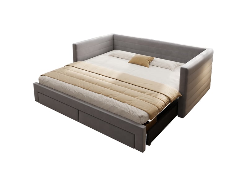  Lit banquette 90x190 cm – gris – extensible en couchage double, 2 tiroirs et sommier à lattes - sans matelas  - Conforama A