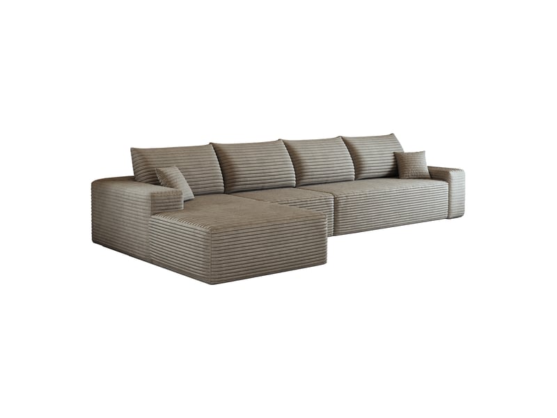  Canapé d'angle modulable 4 places en velours côtelé camel, 340 x 175 x 83 cm, méridienne gauche, sans montage, livré compressé, assise profonde CARDUME ESTIVAL - Conforama A