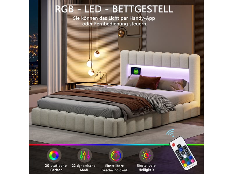  Lit coffre capitonné 160x200 cm, lit 2 places avec sommier, led et usb, rangement et tête de lit, lit adulte en lin, beige  - Conforama D