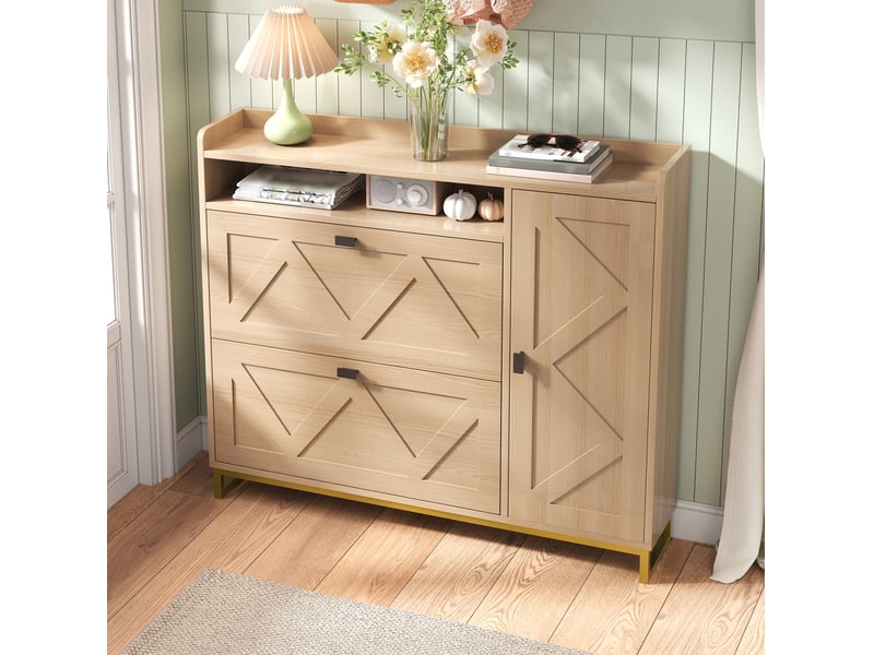  Meuble à chaussures 110x24x100 cm, armoire à chaussures, meuble d'entrée, placard latéral, meuble salon, mdf, naturel  - Conforama E