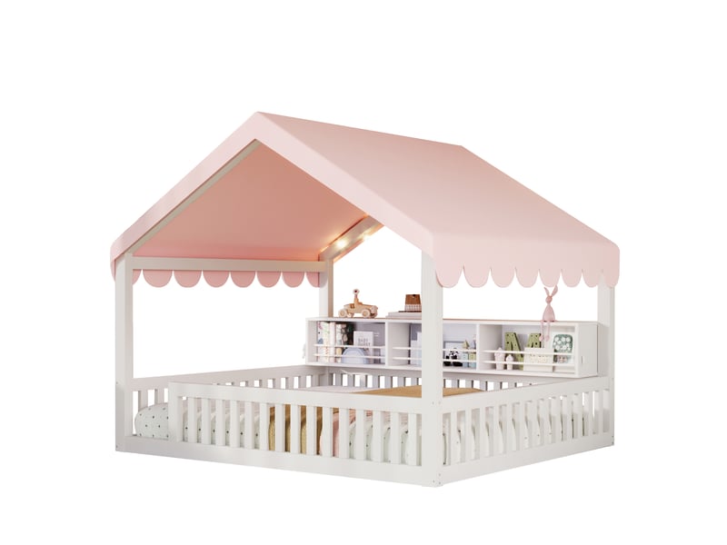  Lit enfant 140 × 200 cm 2 places avec led, étagère et barrières, sans matelas, en mdf et pin, blanc  - Conforama A