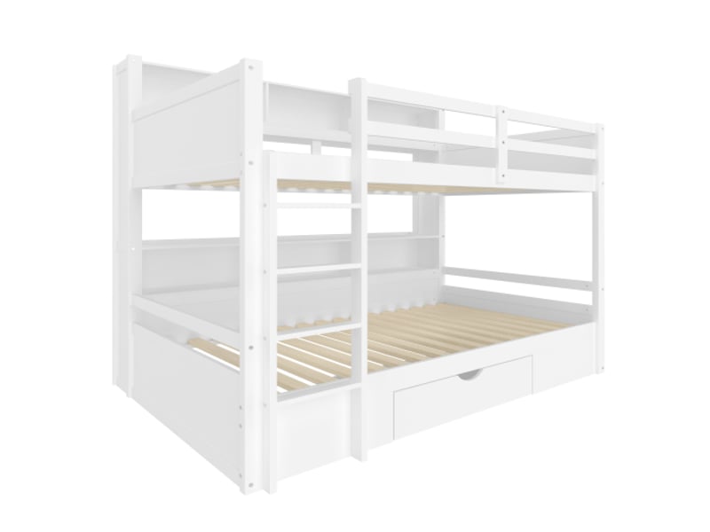  Lit superposé 90x200 cm, lit enfant 2 places avec tiroirs, en bois, blanc, sans matelas  - Conforama E