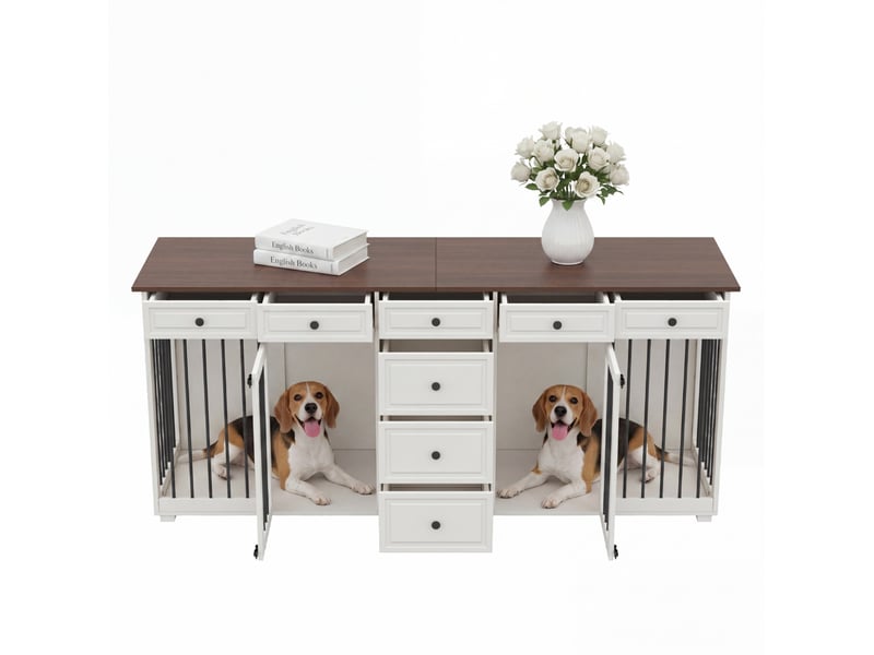 Meuble‑cage 200x60x85 cm – noyer et blanc – 8 tiroirs, 2 espaces séparés avec fermetures - Conforama A