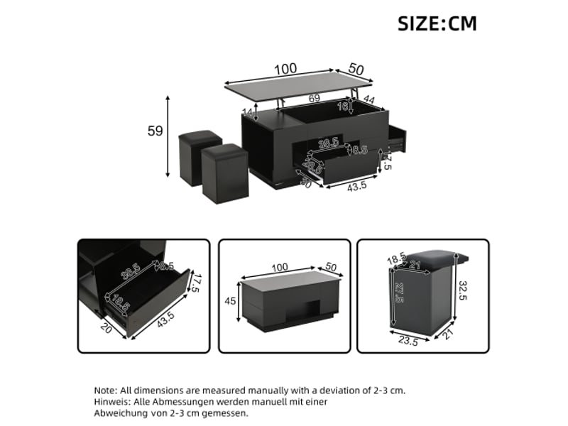  Table basse 4-en-1 noire - hauteur réglable, led, canapé et 2 tabourets, 50 kg  - Conforama C