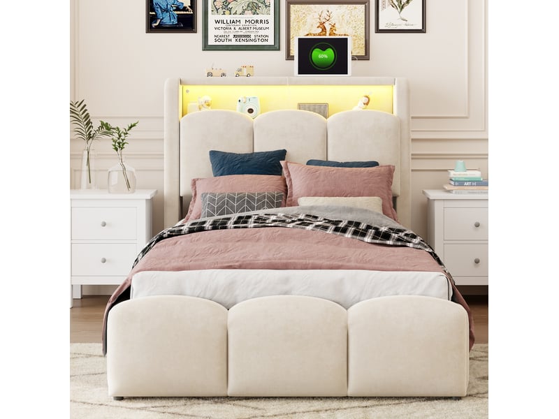  Lit enfant avec coffre hydraulique, rangement tête de lit, led et ports usb et type c, beige, chambre 90 × 200 cm  - Conforama D