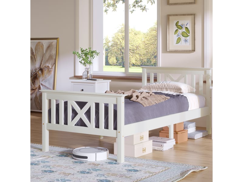  Lit simple en bois massif - dimensions 90x200 cm - blanc - pin massif - tête de lit en forme de x blanc - Conforama E