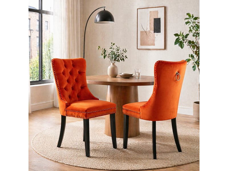 Lot de 2 chaises de salle à manger en velours orange avec pieds en bois  - Conforama C