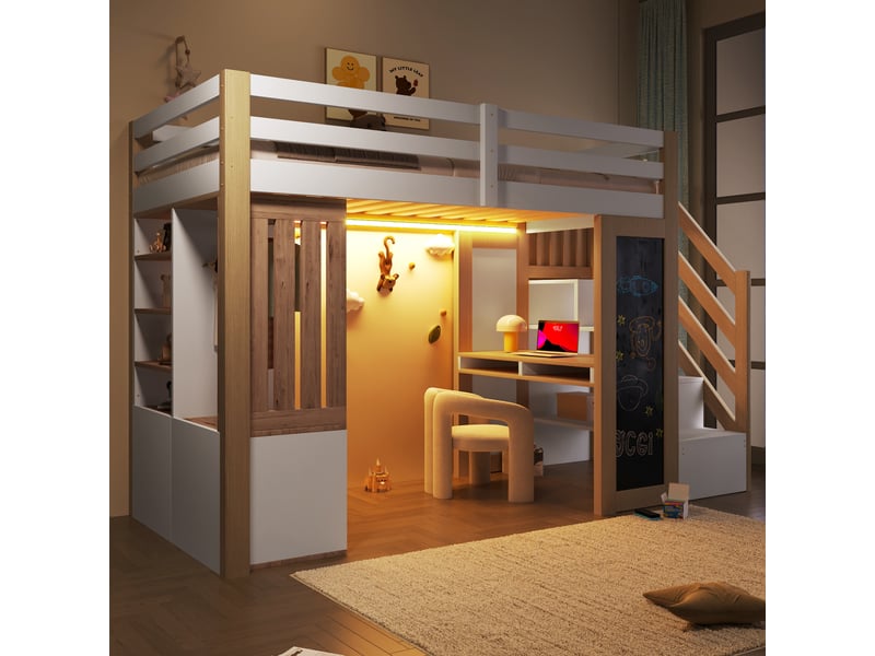 Lit mezzanine 90x200 cm blanc et bois naturel, avec bureau, rangements, placard, escalier de rangement, tableau, led, sommier inclus, sans matelas - Conforama W