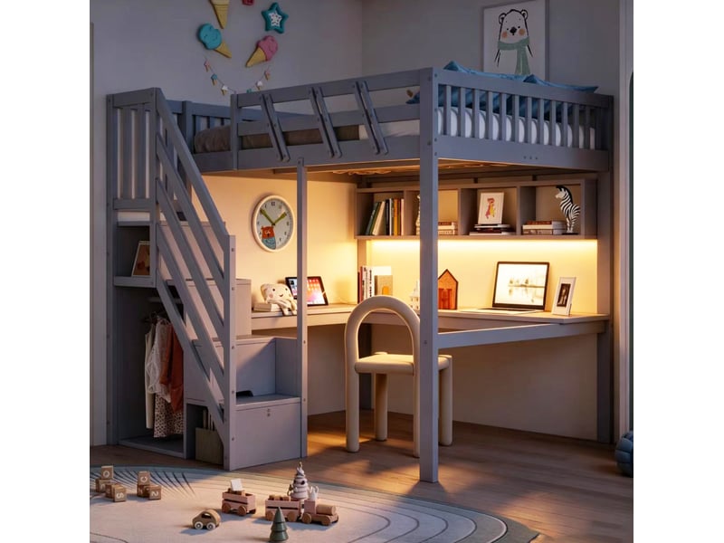  Lit mezzanine enfant 140 × 200 cm 2 places avec bureau, rangements, led et usb, sans matelas, gris  - Conforama C