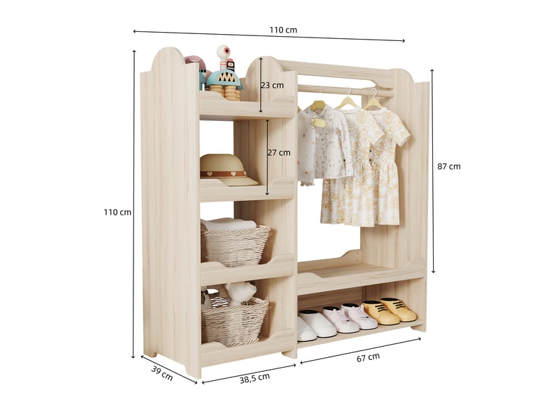  Meuble de rangement pour chambre d'enfant avec penderie, crochets, 4 étagères ouvertes et banc, en mdf naturel  - Conforama D
