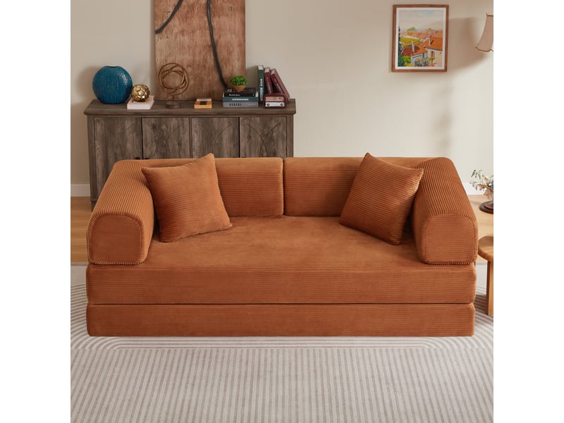 Canapé-lit convertible 2 places canapé modulable canapé au sol canapé compressé en velours côtelé avec poches, terracotta - Conforama C