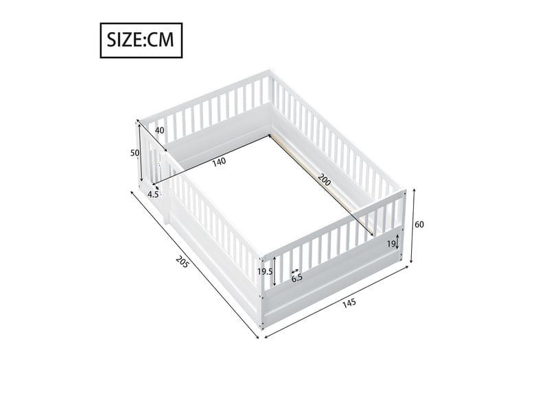 Lit enfant 140 × 200 cm 2 places avec barrière de sécurité et porte, sans matelas, en bois massif, blanc  - Conforama D