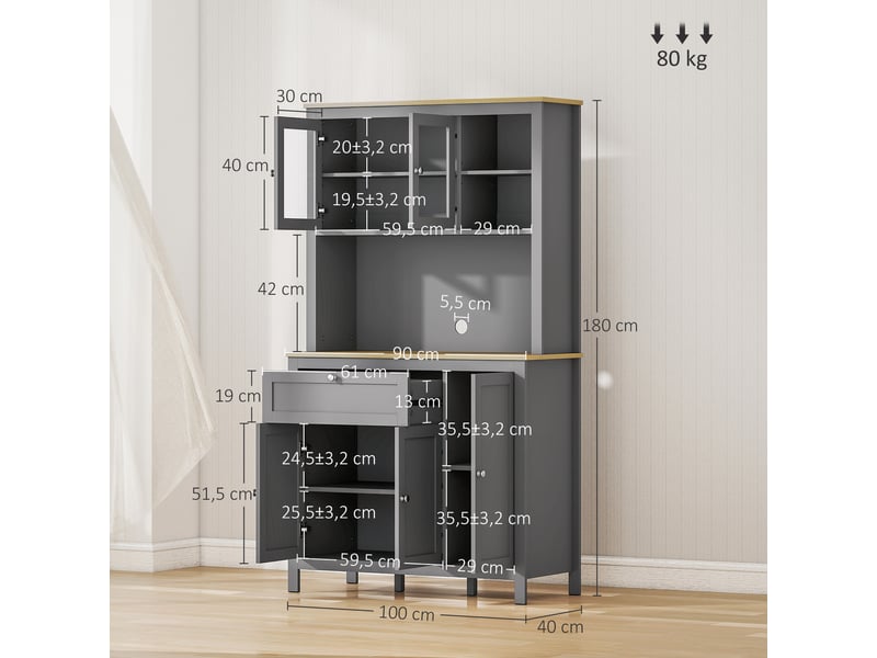 Armoire de cuisine buffet cuisine 5 portes dont 2 vitrées portes et 1 tiroir, 1 niche centrale - hauteur 180 cm gris - Conforama C