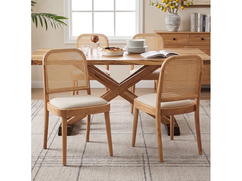 Lot de 2 chaises de salle à manger à dossier en rotin, bois et lin coloris naturel  - Conforama B