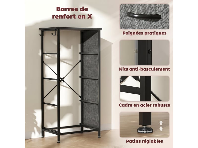  Commode 4 tiroirs en tissu, meuble de rangement avec 4 poches, 2 crochets, structure en acier, gris, 45 x 30 x 94,5 cm  - Conforama W
