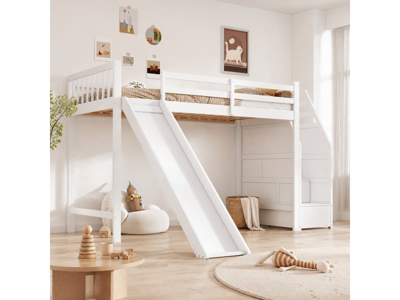 Lit mezzanine enfant 90x200 cm blanc avec toboggan et escalier de rangement - Conforama E