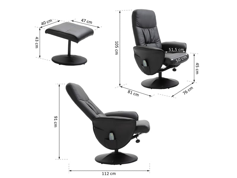 Fauteuil de relaxation massant inclinable avec repose-pieds en cuir reconstitué noir 76 x 81 x 105 cm - Conforama E