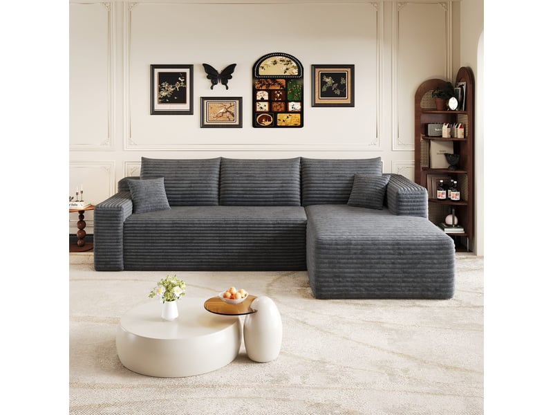  Canapé d'angle droit en l canapé modulable canapé compressé 3 places canapé nuage en velours côtelé avec accoudoirs - gris  - Conforama C