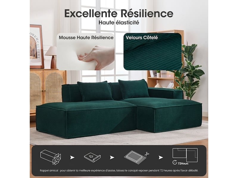  Canapé 2 places en tissu compact 235 cm vert rétro - assise souple et 2 coussins  - Conforama D
