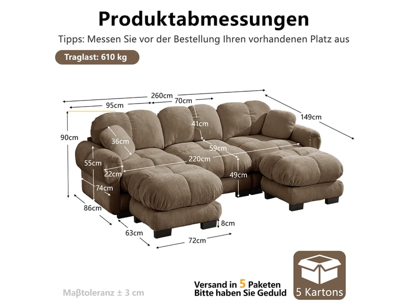  Canapé 3 places style u 260x149x90 cm, matelassée, 2 coussins déco, pouf déplaçable, tissu en chenille, marron  - Conforama C